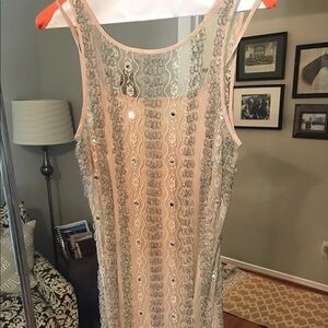 Free People Beaded Sheer Mini Dress in Blush and Silver